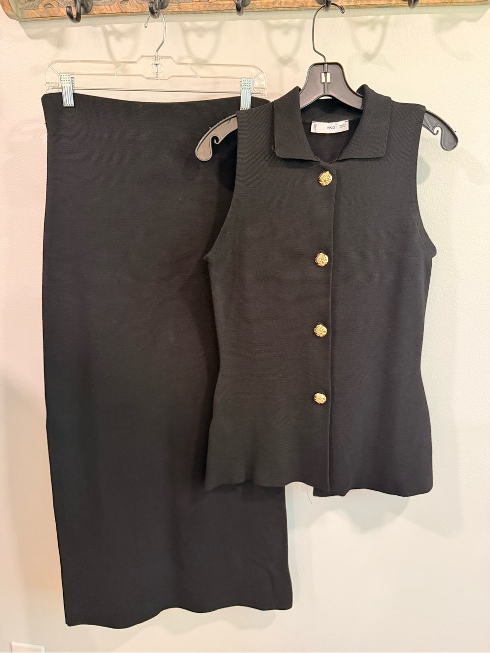 MNG Classic Black Knit Skirt with Sleeveless Button-Front Top